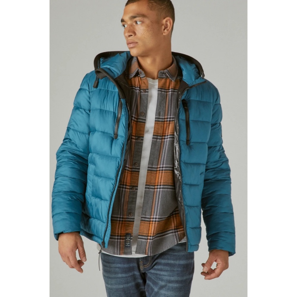 Lucky Brand Nylon Hooded Puff Puffer Jacket - Teal Blue